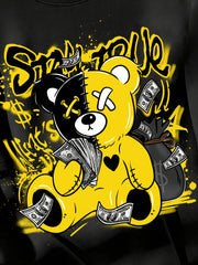 Splicing Bear And Letter Printed Casual T-shirt, Round Neck Loose Top With Dropped Shoulders, Suitable For Spring And Summer