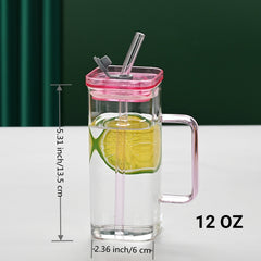 1 Pcs Pink Glass Straw Cup, 6 Colors Square Glass Cup With Straw And Lid, High Borosilicate Glass Cup, Milk Cup, Juice Cup, Cold Drink Cup, Coffee Cup, Tea Cup, Office Cup, Gift Cup