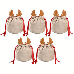 Set Of 5 Christmas Velvet Drawstring Gift Bags With Reindeer Antler Design. Suitable For Organizing Jewelry Or Candy. Santa Gift Bags, Perfect For Holidays, Weddings, And Birthday Party Favors.