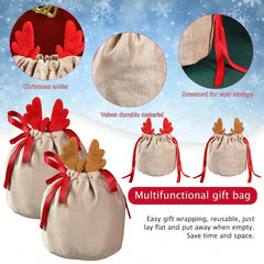 Set Of 5 Christmas Velvet Drawstring Gift Bags With Reindeer Antler Design. Suitable For Organizing Jewelry Or Candy. Santa Gift Bags, Perfect For Holidays, Weddings, And Birthday Party Favors.