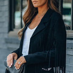 Women's Notched Collar Open-Front Fringed Jacket Casual Faux Suede Tassel Motorcycle Cropped Jacket