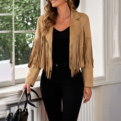 Women's Notched Collar Open-Front Fringed Jacket Casual Faux Suede Tassel Motorcycle Cropped Jacket