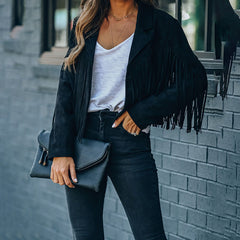 Women's Notched Collar Open-Front Fringed Jacket Casual Faux Suede Tassel Motorcycle Cropped Jacket