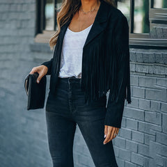 Women's Notched Collar Open-Front Fringed Jacket Casual Faux Suede Tassel Motorcycle Cropped Jacket