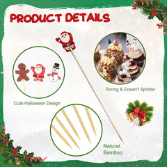 Christmas Cocktail Picks Cute Disposable Bamboo Decorative Toothpicks Santa Claus Gingerbread Man Tree Pattern Fruits Dessert Appetizer Skewers For Holiday New Year Xmas Party Favor