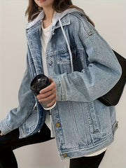 Women's Hooded Denim Jacket, Oversized Retro Denim Jacket, Elastic And Loose, Comfortable And Lightweight