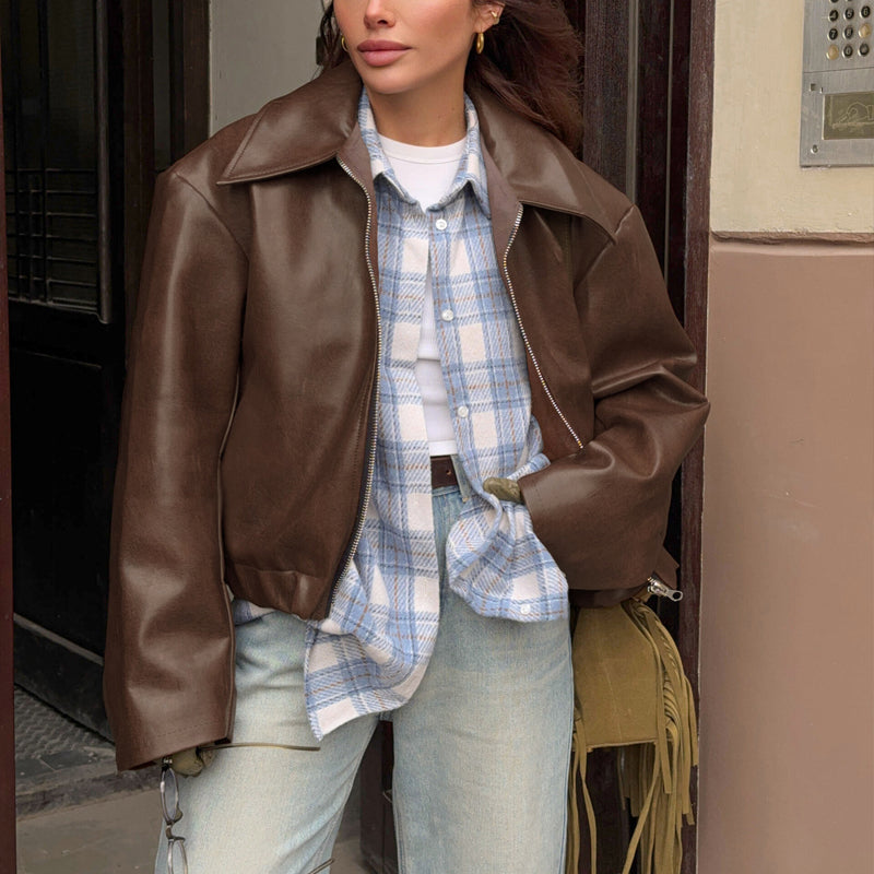 Vintage Style Women's Solid Color Faux Leather Jacket, Zip-Up Biker Jacket With Lapel Collar Casual Coat