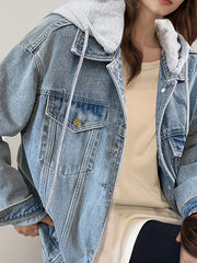 Women's Hooded Denim Jacket, Oversized Retro Denim Jacket, Elastic And Loose, Comfortable And Lightweight