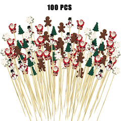 Christmas Cocktail Picks Cute Disposable Bamboo Decorative Toothpicks Santa Claus Gingerbread Man Tree Pattern Fruits Dessert Appetizer Skewers For Holiday New Year Xmas Party Favor