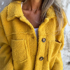 Plus Size Women's Solid Color Sherpa Jacket, Long Sleeve Lapel Single Breasted Fleece Coat With Pockets For Autumn Winter