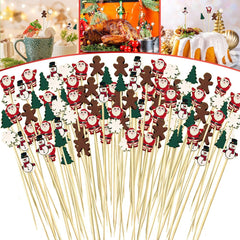 Christmas Cocktail Picks Cute Disposable Bamboo Decorative Toothpicks Santa Claus Gingerbread Man Tree Pattern Fruits Dessert Appetizer Skewers For Holiday New Year Xmas Party Favor