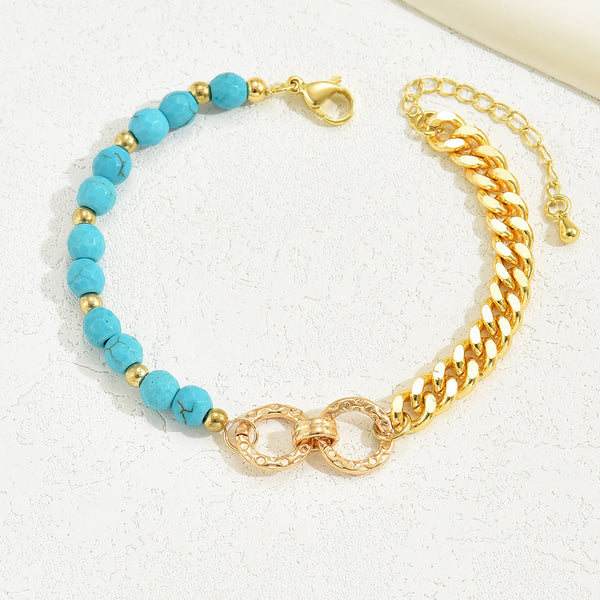A Creative And Luxurious Instagram Style Double Ring Turquoise Multi Chain Mixed Bead Bracelet For Women's Vacation And Date Gifts