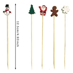 Christmas Cocktail Picks Cute Disposable Bamboo Decorative Toothpicks Santa Claus Gingerbread Man Tree Pattern Fruits Dessert Appetizer Skewers For Holiday New Year Xmas Party Favor