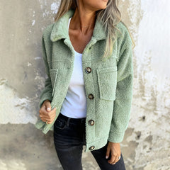 Plus Size Women's Solid Color Sherpa Jacket, Long Sleeve Lapel Single Breasted Fleece Coat With Pockets For Autumn Winter