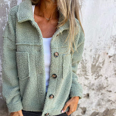 Plus Size Women's Solid Color Sherpa Jacket, Long Sleeve Lapel Single Breasted Fleece Coat With Pockets For Autumn Winter