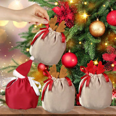 Set Of 5 Christmas Velvet Drawstring Gift Bags With Reindeer Antler Design. Suitable For Organizing Jewelry Or Candy. Santa Gift Bags, Perfect For Holidays, Weddings, And Birthday Party Favors.
